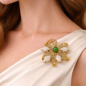 Vintage 12K Gold Filked Filigree Pin Chrysoprase & Opalite Flower Brooch 1.2”